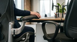 Close-up of 3D adjustable armrests on an ergonomic desk chair versus fixed armrests on a standard task chair