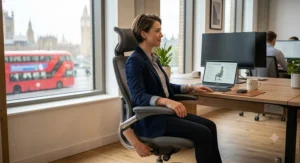 A professional sitting in a fully adjustable ergonomic office chair with headrest and 3D armrests to ease back strain.