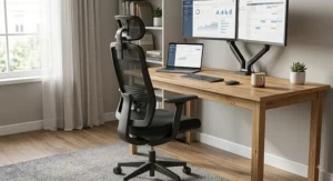 Contoured neck and headrest attachment on an ergonomic office chair for home office posture support