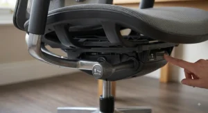 Close-up illustration of height adjustment levers and lumbar support controls on an ergonomic desk chair