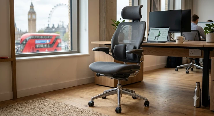 An ergonomic office chair with adjustable lumbar support tailored to relieve lower back pain in modern UK office spaces. ergonomic office chair for back pain