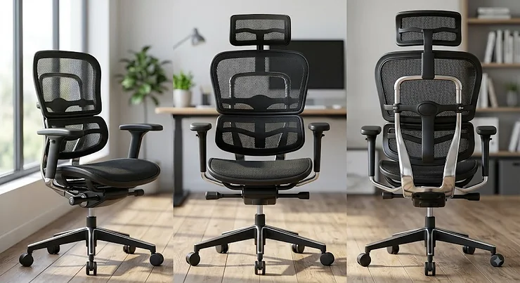 Front view of a high-back black mesh ergonomic office chair with adjustable lumbar support and headrest