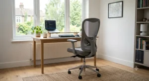 Compact grey ergonomic office chair with targeted lumbar support suitable for UK flat study nooks