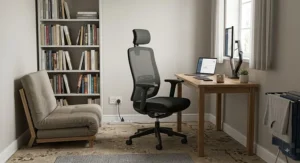 Space-saving ergonomic office chair for home office styled in a small UK spare room workspace