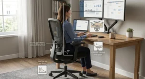 Illustration showing ideal sitting posture and desk height using an ergonomic office chair for home office working