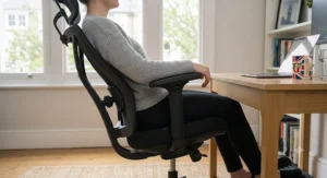 Side view of an ergonomic computer chair demonstrating synchro-tilt recline mechanism for comfortable prolonged sitting.