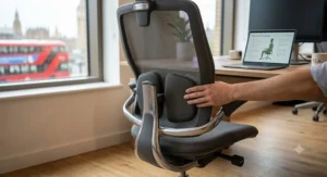 Close-up of a high-back ergonomic desk chair demonstrating dynamic lumbar support for comfortable seating posture.