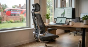 A stylish grey ergonomic office chair positioned at a modern desk in a contemporary UK home workplace.