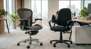 Breathable mesh ergonomic chair standing beside a standard padded fabric office chair in a British workspace