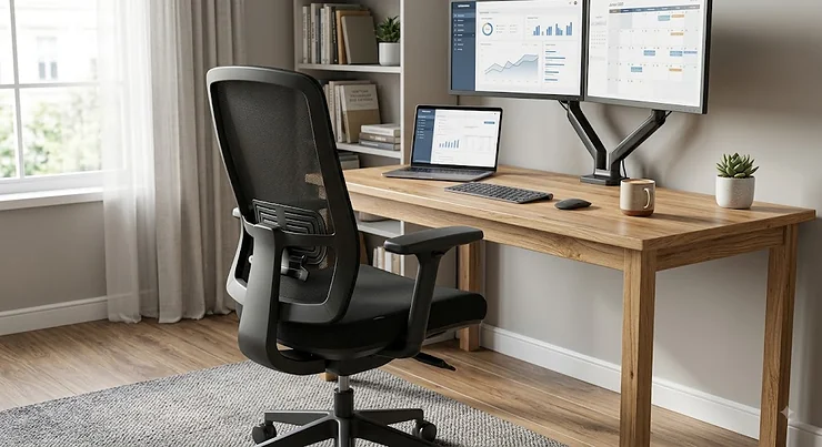 Modern ergonomic office chair for home office featuring adjustable lumbar support positioned at a wooden desk