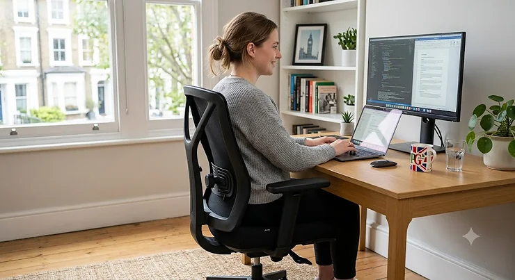 A desk worker sitting comfortably in an ergonomic office chair for long hours with adjustable lumbar support in a modern British home office.