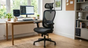 High-back ergonomic office chair with lumbar support, 3D adjustable armrests, and headrest for working from home