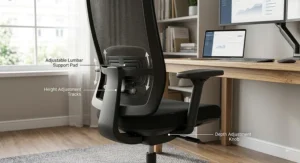 Close-up diagram of built-in adjustable lumbar support on an ergonomic office chair for home office comfort