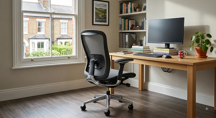 Modern mesh ergonomic office chair with adjustable lumbar support in a stylish UK home office setup