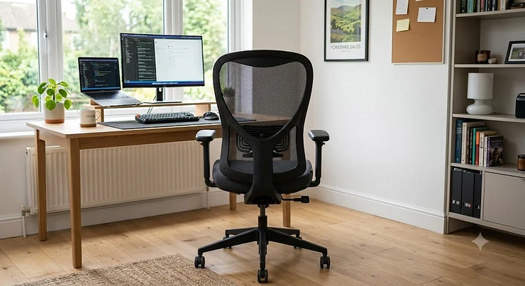 Front view of an ergonomic office chair with adjustable lumbar support in a modern UK home office setup