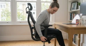User adjusting the seat slider on a modern ergonomic swivel chair to ensure optimal leg support for long desk shifts.