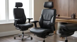High-back executive ergonomic office chair featuring an adjustable headrest and padded armrests