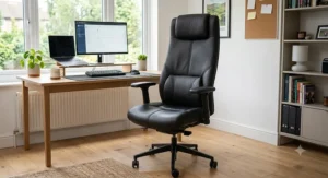 Black executive leather ergonomic office chair featuring built-in lower back lumbar support cushion