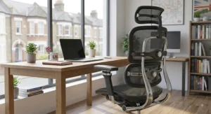 Executive mesh ergonomic office chair styled alongside a modern wooden desk in a UK home office