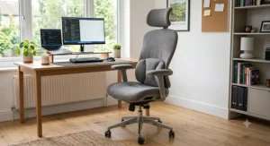 Padded fabric ergonomic office chair providing firm lumbar support at a contemporary British oak desk