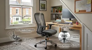 Diagram highlighting seat depth, tilt adjustment and swivel mechanisms on a fully adjustable ergonomic office chair