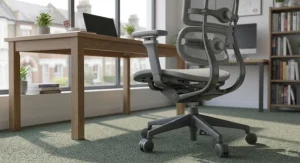 Grey mesh ergonomic office chair featuring smooth-rolling safety castors suited for office carpets