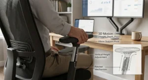3D adjustable armrests providing elbow support on a mesh ergonomic office chair for home office tasks