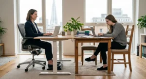 UK remote worker using an ergonomic office chair compared to sitting on a standard dining chair at a desk