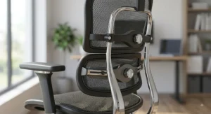 Side angle showing the contoured adjustable lumbar support on a mesh ergonomic office chair