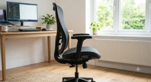 Side profile of a breathable mesh ergonomic office chair showing lower back lumbar support alignment