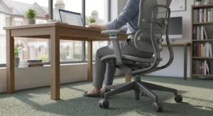 Office worker demonstrating healthy sitting posture in a fully adjustable mesh ergonomic office chair