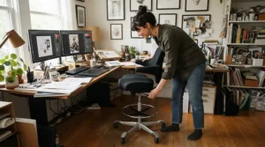 An adjustable height draughtsman chair featuring lumbar support for long working hours