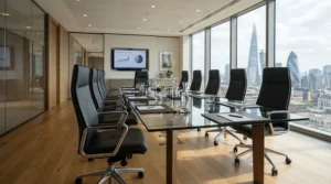 Several affordable executive office chairs arranged around a sleek meeting table in a corporate boardroom.