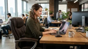 An employee working comfortably on their laptop while seated in an affordable executive office chair.