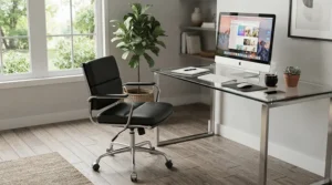 A black leather-style affordable executive office chair pulled up to a glass top desk.