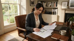 A remote worker reviewing documents from an affordable executive office chair in a bright flat.