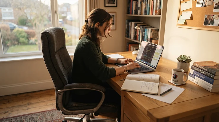 A student using a laptop at a small desk while sitting in an affordable executive office chair.