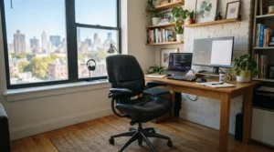 An affordable executive office chair featuring plush cushioning and chrome accents in a contemporary office.