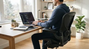 An affordable mesh task chair under £100 providing ergonomic support in a bright study space