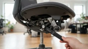 Close up of the adjustable height lever on an affordable office seating model