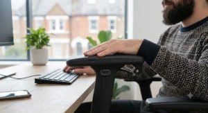 Close-up of 3D adjustable armrests on a high-back ergonomic desk chair designed for tall users