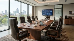 Executive office chair styled as premium boardroom seating around a polished oak conference table