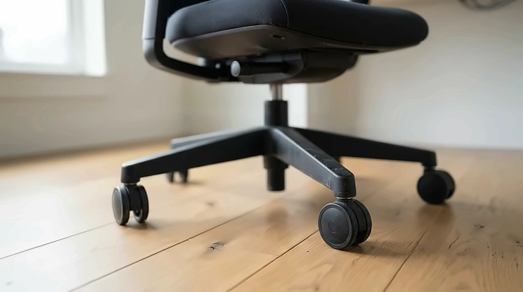 A budget task chair featuring a five-star wheeled base on a wooden floor