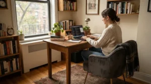 A cheap desk chair tucked under a compact writing table in a spare bedroom office