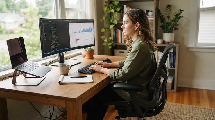 A cheap task chair under £100 used by a remote worker during a busy morning at home