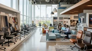 Interior designer reviewing different office chair options in a showroom