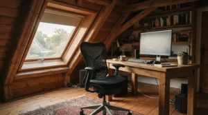 A comfortable executive chair for home office tasks in a converted Victorian loft space.