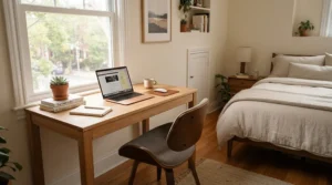 Compact task chair with adjustable arms tucked neatly under a minimalist bedroom desk