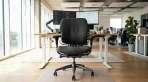 A cost effective desk chair with fixed armrests ready for daily computer work