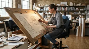 A draughtsman chair set at correct drafting table height for a graphic designer